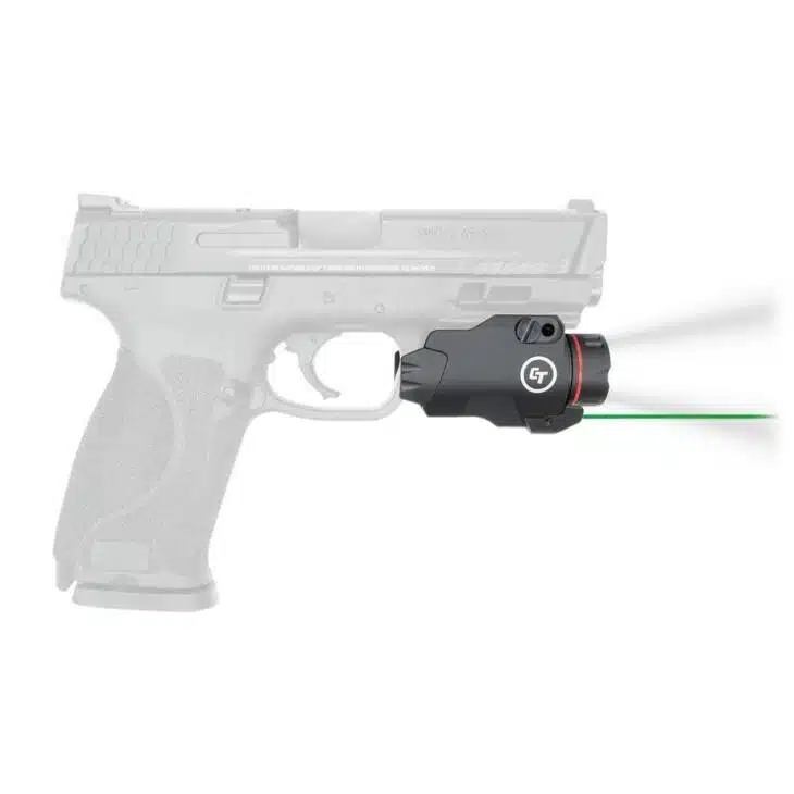 Tactical semi-automatic pistol with durable light and green laser for improved visibility and targeting.