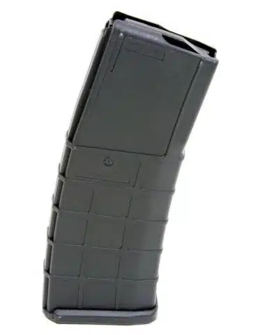 Durable curved polymer rifle magazine with textured grip and capacity indicators for reliable performance.