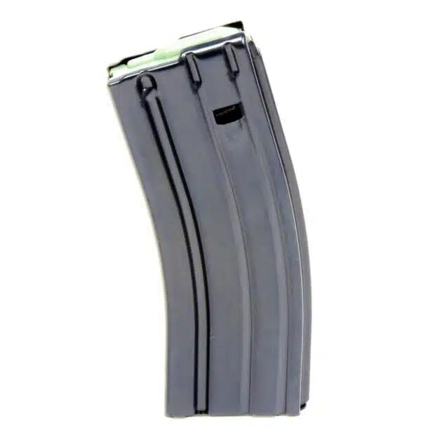 Curved metal magazine for firearms, enhancing ammo capacity and reliable feeding in tactical situations.