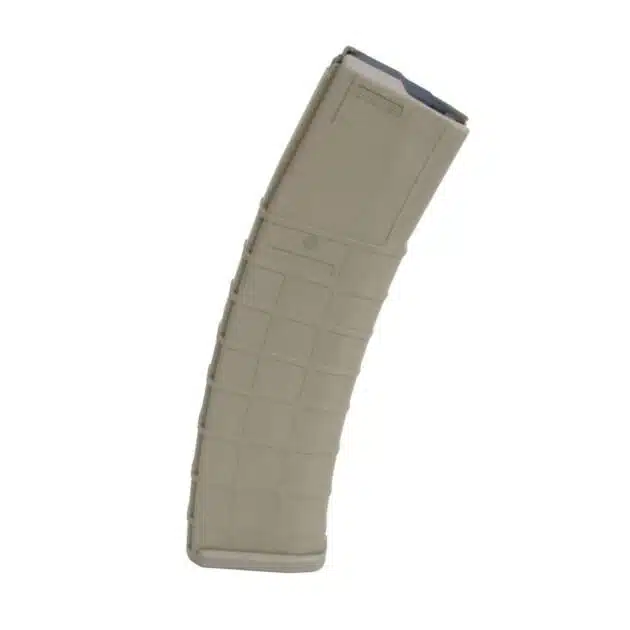 Curved tan rifle magazine for smooth ammo feeding and improved handling in semi-automatic firearms.