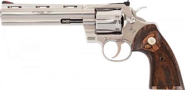 Sleek silver revolver with wooden grip, ventilation ports, and elegant craftsmanship for collectors.