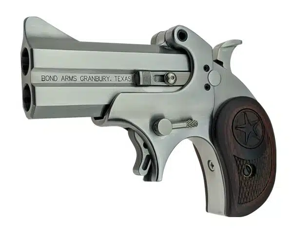 Compact silver revolver with twin cylinders, ergonomic grip, ideal for personal defense.