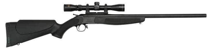 Sleek bolt-action rifle with matte finish and telescopic scope for precision shooting and hunting.