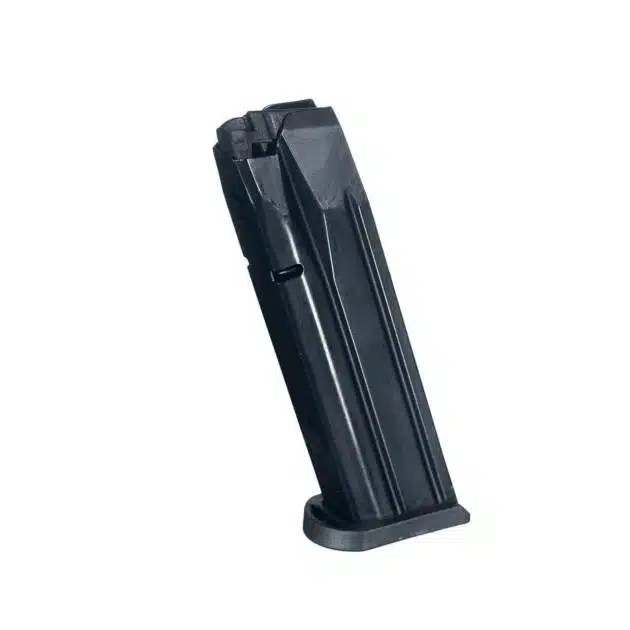 Durable black handgun magazine for semi-automatic firearms with efficient double-stack design.