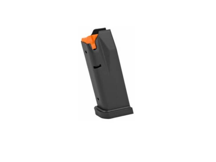 Durable black magazine for semi-automatic pistols with safety orange follower, ideal for reliable performance.