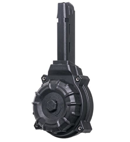 High-capacity black drum magazine DRMA11C39C for reliable, efficient firearm performance and seamless reloading.