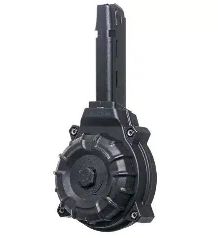 High-capacity black drum magazine DRMA11C39C for reliable, efficient firearm performance and seamless reloading.