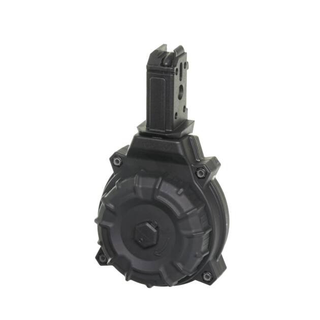 High-capacity black circular firearm magazine for reliable performance and quick reloading.