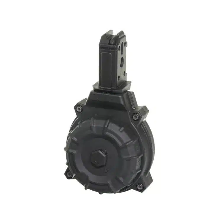 High-capacity black circular firearm magazine for reliable performance and quick reloading.