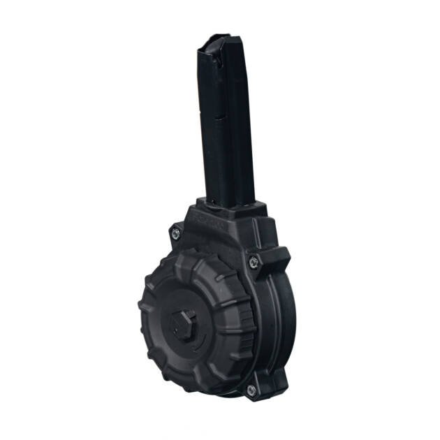 Durable cylindrical magazine with vertical feed tube for seamless firearm reloads and tactical efficiency.