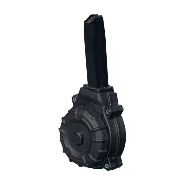 Durable cylindrical magazine with vertical feed tube for seamless firearm reloads and tactical efficiency.