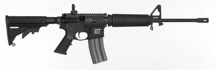 Modern tactical semi-automatic rifle with adjustable stock, accessory rails, and high-capacity magazine.