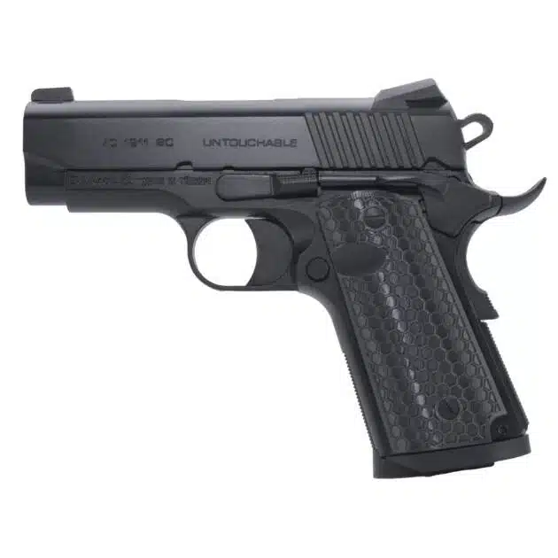 Compact semi-automatic pistol in matte black, designed for personal defense and easy concealment.