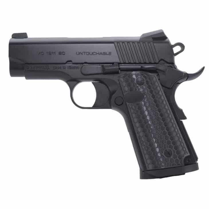 Compact semi-automatic pistol in matte black, designed for personal defense and easy concealment.