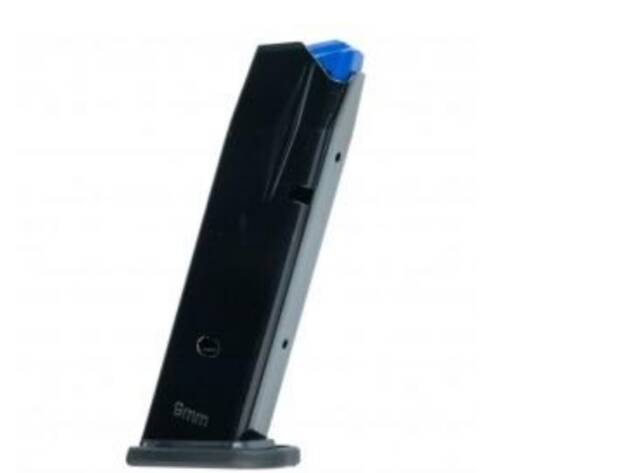 Durable black firearm magazine with blue follower for reliable feeding and quick reloads.