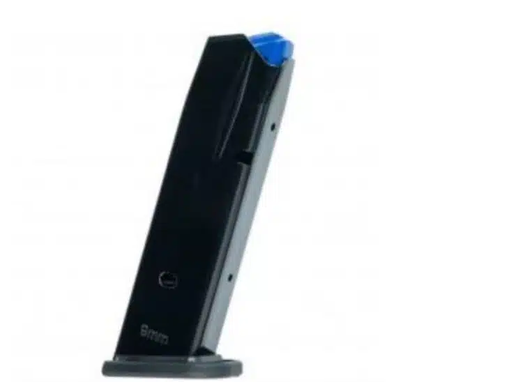 Durable black firearm magazine with blue follower for reliable feeding and quick reloads.