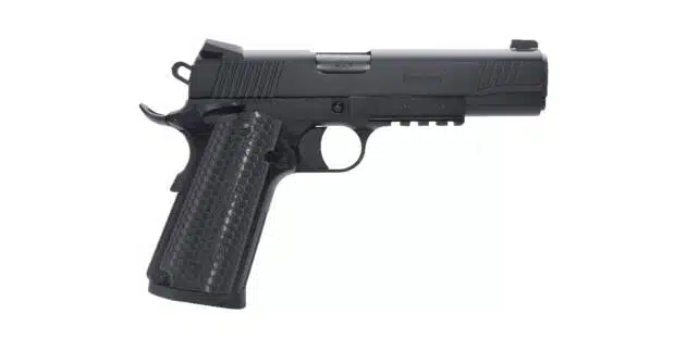 Sleek black handgun with ergonomic grip, tactical features, and customizable accessory rail for optimal performance.
