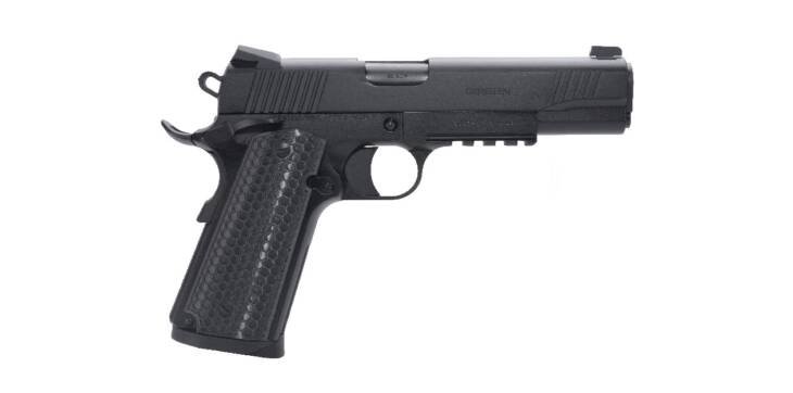 Sleek black handgun with ergonomic grip, tactical features, and customizable accessory rail for optimal performance.