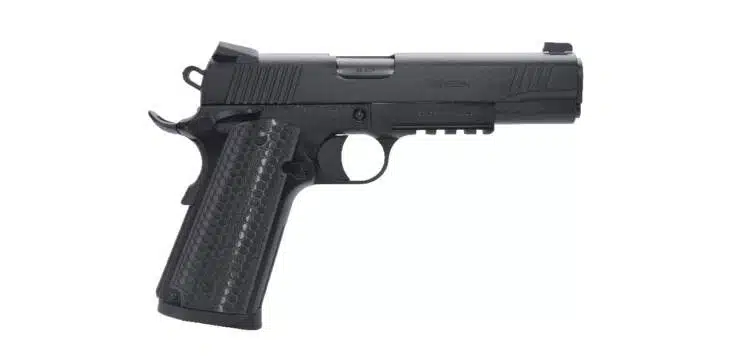 Sleek black handgun with ergonomic grip, tactical features, and customizable accessory rail for optimal performance.