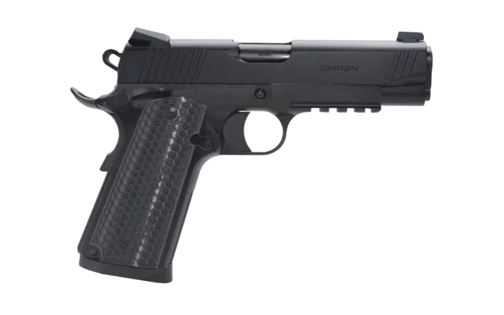 Sleek modern semi-automatic pistol with ergonomic grip, adjustable sights, and ambidextrous design for precision shooting.