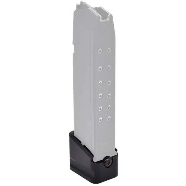 Durable semi-transparent firearm magazine with witness holes for easy ammo tracking and performance.
