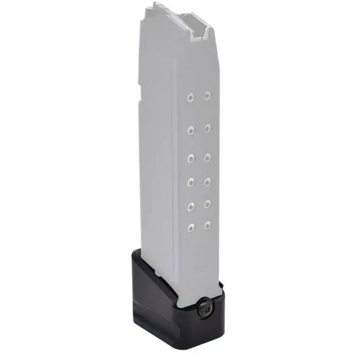 Durable semi-transparent firearm magazine with witness holes for easy ammo tracking and performance.