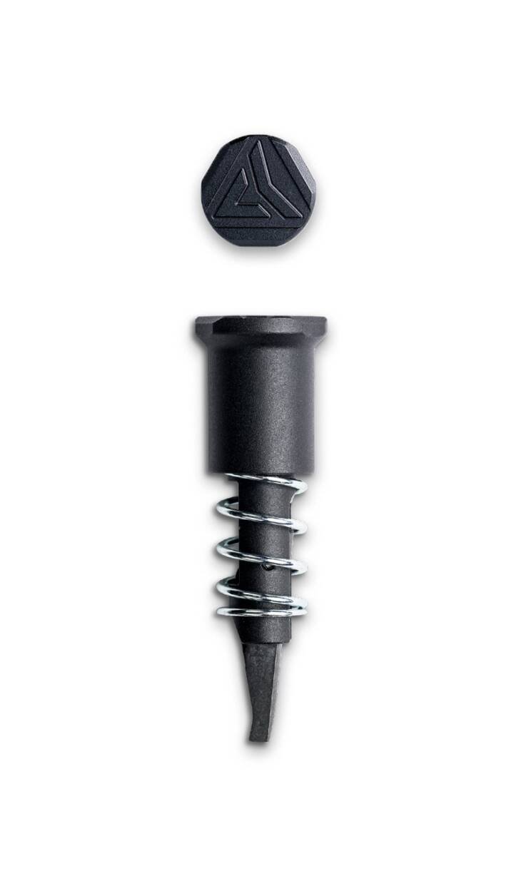 Versatile black screw with hex head, tapered tip, and spiral spring for secure fastening.