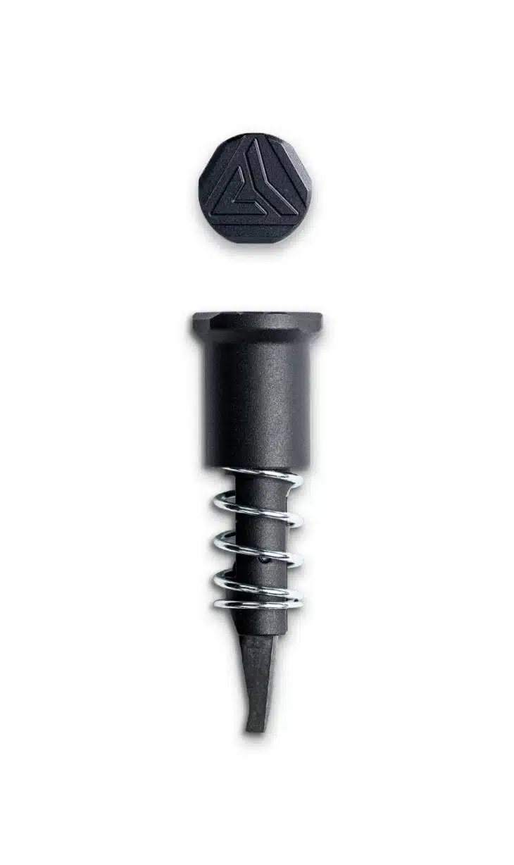 Versatile black screw with hex head, tapered tip, and spiral spring for secure fastening.