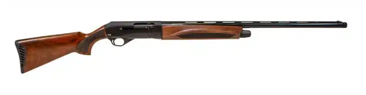 Sleek semi-automatic shotgun with a wooden stock and precision metal barrel for hunting and sport shooting.