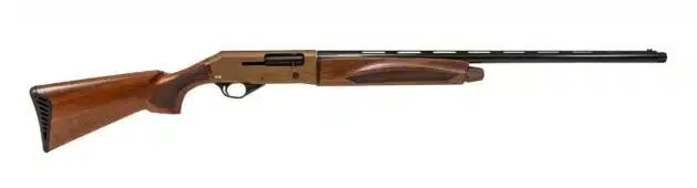 Sleek semi-automatic shotgun with polished barrel and elegant wooden stock for hunting and shooting.