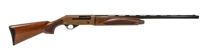 Sleek semi-automatic shotgun with polished barrel and elegant wooden stock for hunting and shooting.