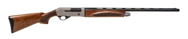 Elegant semi-automatic shotgun with matte black barrel and rich wooden stock for precision shooting.