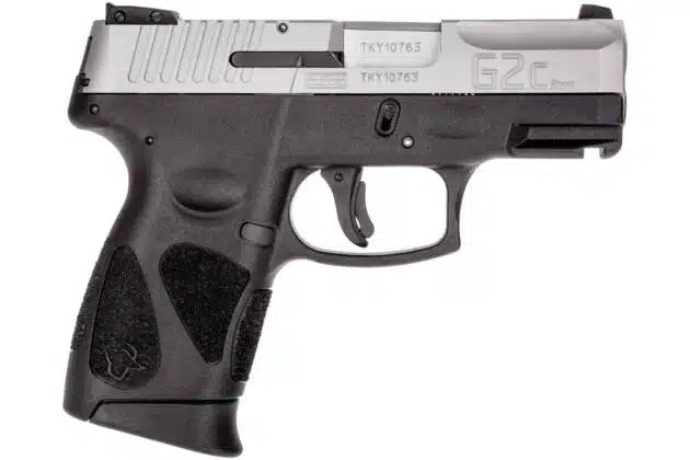 Compact semi-automatic handgun with textured grip, silver slide, and integrated safety for concealed carry.