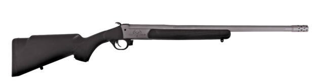 Sleek bolt-action rifle with stainless steel barrel and ergonomic polymer stock for precision shooting.