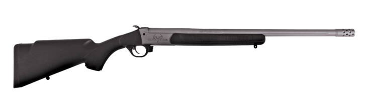 Sleek bolt-action rifle with matte black stock and polished silver barrel, ideal for precision shooting.