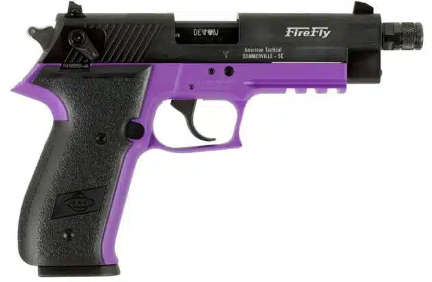 Modern purple-accented pistol with suppressor, textured grip, and accessory rail for tactical versatility.