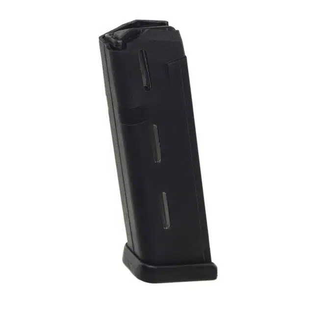Durable black firearm magazine with witness holes for quick round visibility and smooth integration.