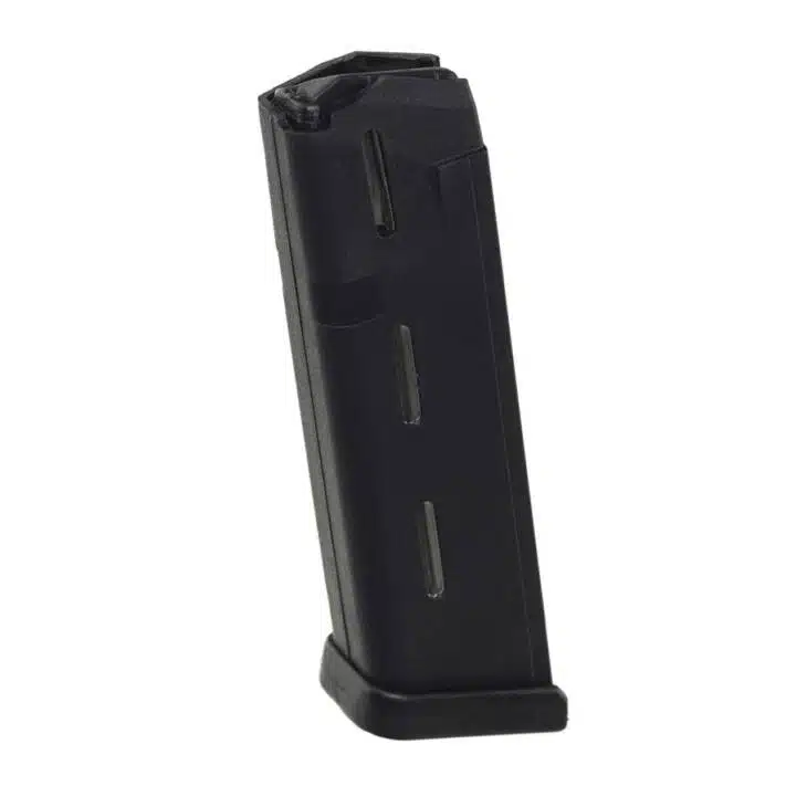 Durable black firearm magazine with witness holes for quick round visibility and smooth integration.