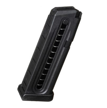 Durable polymer pistol magazine with capacity indicators and ergonomic design for reliable performance.