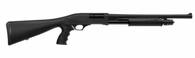 Sleek black tactical shotgun with ergonomic grip for precision shooting and reliable performance.