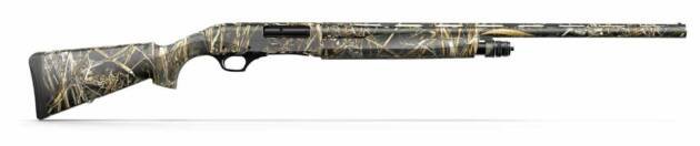 Sleek camouflage shotgun, perfect for hunting and shooting sports in outdoor environments.