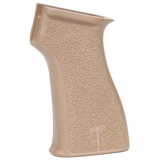 Ergonomic light tan firearm grip with textured surface for improved comfort and control.