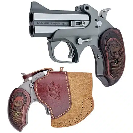 Compact silver revolver with wooden grips and leather holster for stylish personal defense.