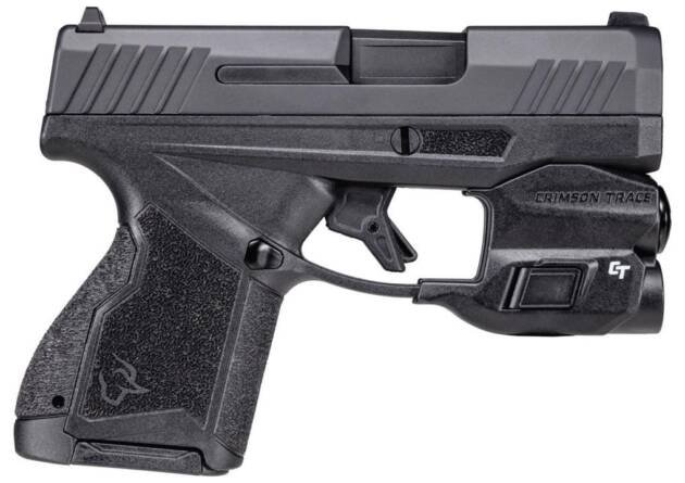 Compact tactical pistol with ergonomic grip and accessory rail for lights or lasers.