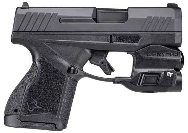 Compact tactical pistol with ergonomic grip and accessory rail for lights or lasers.