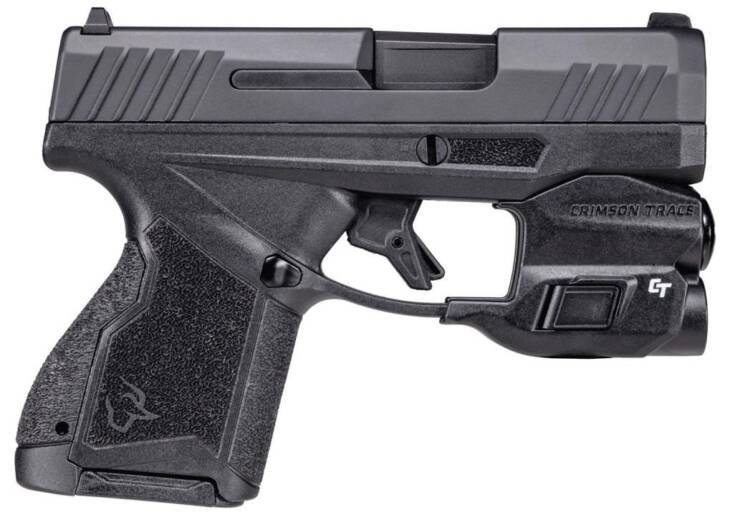 Compact tactical pistol with ergonomic grip and accessory rail for lights or lasers.
