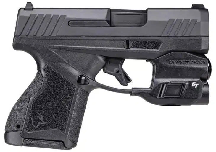 Compact tactical pistol with ergonomic grip and accessory rail for lights or lasers.