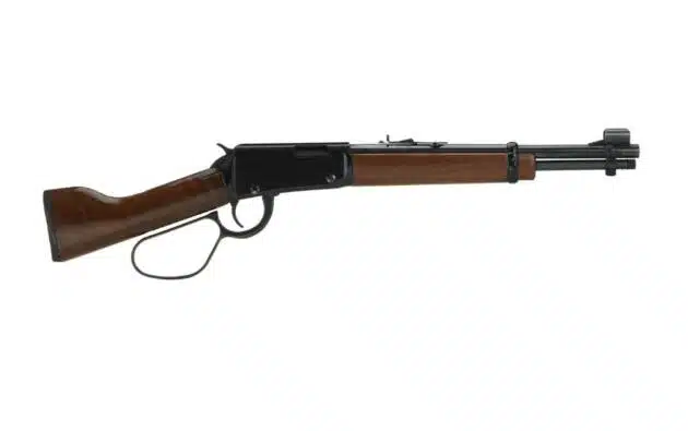 Elegant lever-action rifle with polished wood stock, showcasing classic craftsmanship and American heritage.