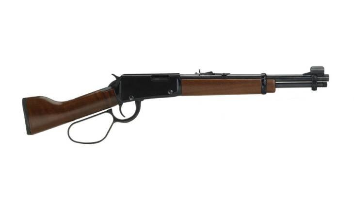 Elegant lever-action rifle with polished wood stock, showcasing classic craftsmanship and American heritage.