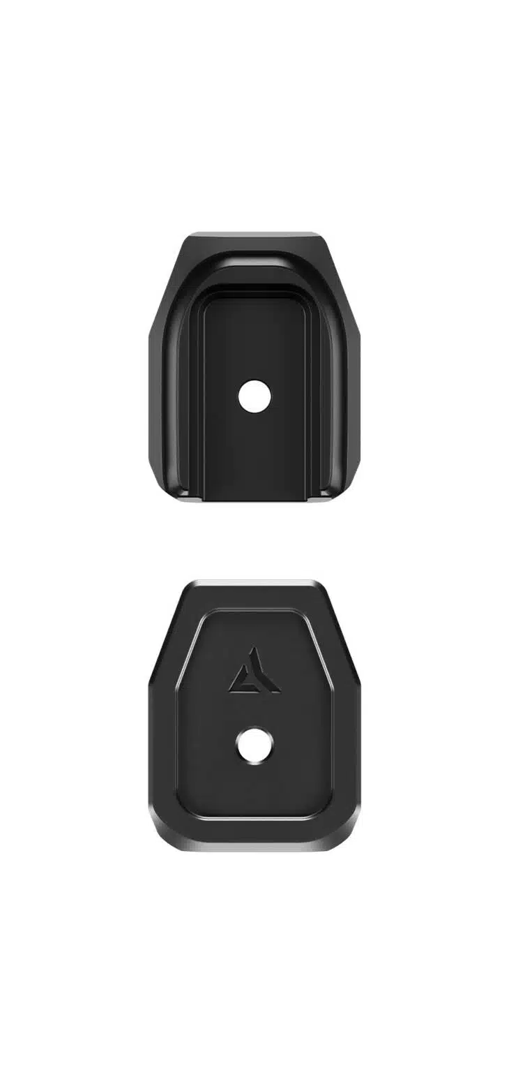Interchangeable black hexagonal camera mounts for secure attachment and stability in professional use.